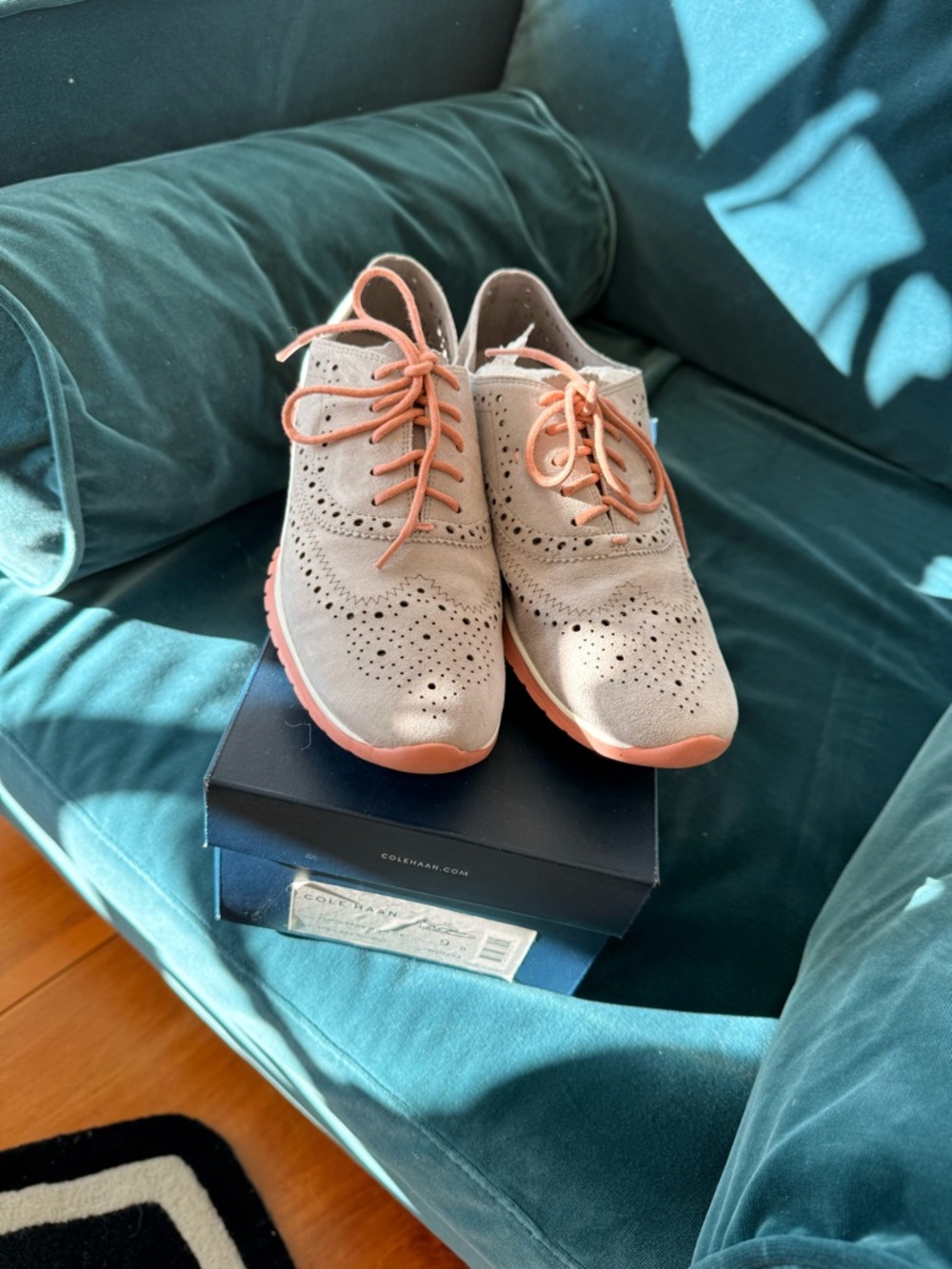 Cole Haan Women’s Suede Wingtip Oxfords in Grey with Coral Soles - Picture 2 of 6